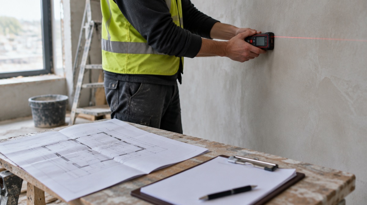 Handwerker misst mit einem Laser-Entfernungsmesser eine Wand, im Vordergrund ein ausgedruckter Grundriss und ein Klemmbrett