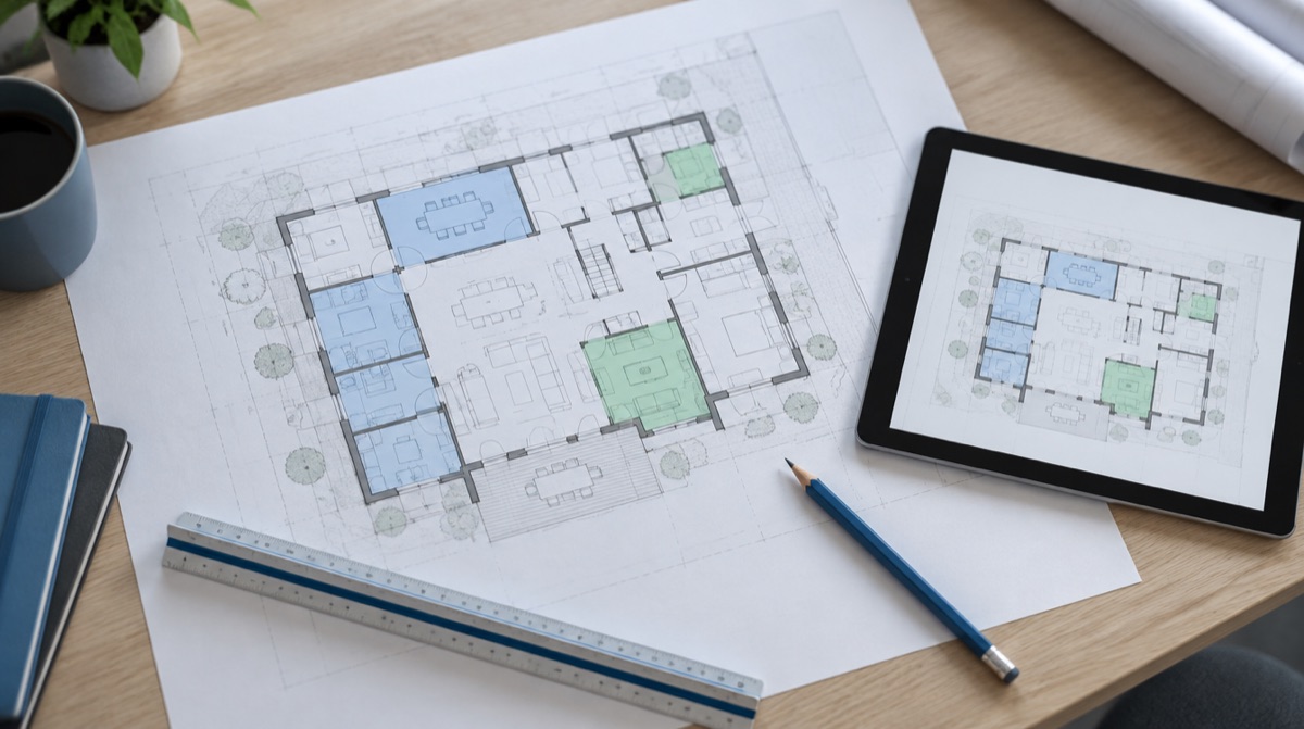 Ausgedruckter Grundriss mit farbig markierten Räumen auf einem Schreibtisch, daneben ein Tablet mit demselben Plan, Lineal und Bleistift