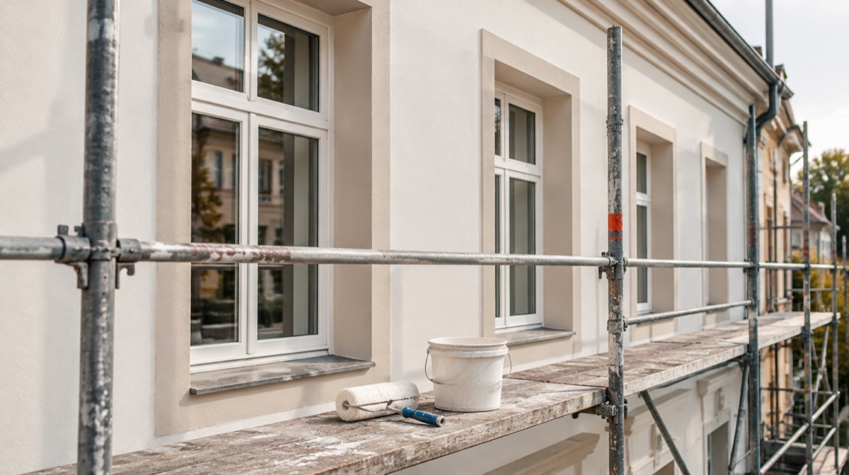 Maler streicht eine Innenwand mit der Rolle, im Hintergrund Gerüst an einer Hausfassade