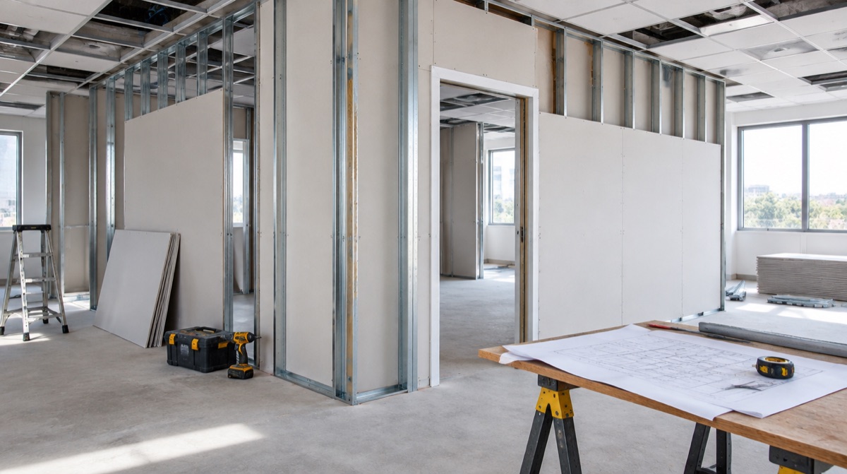 Trockenbauer montiert Metallständerwerk und Gipskartonplatten in einem Innenraum